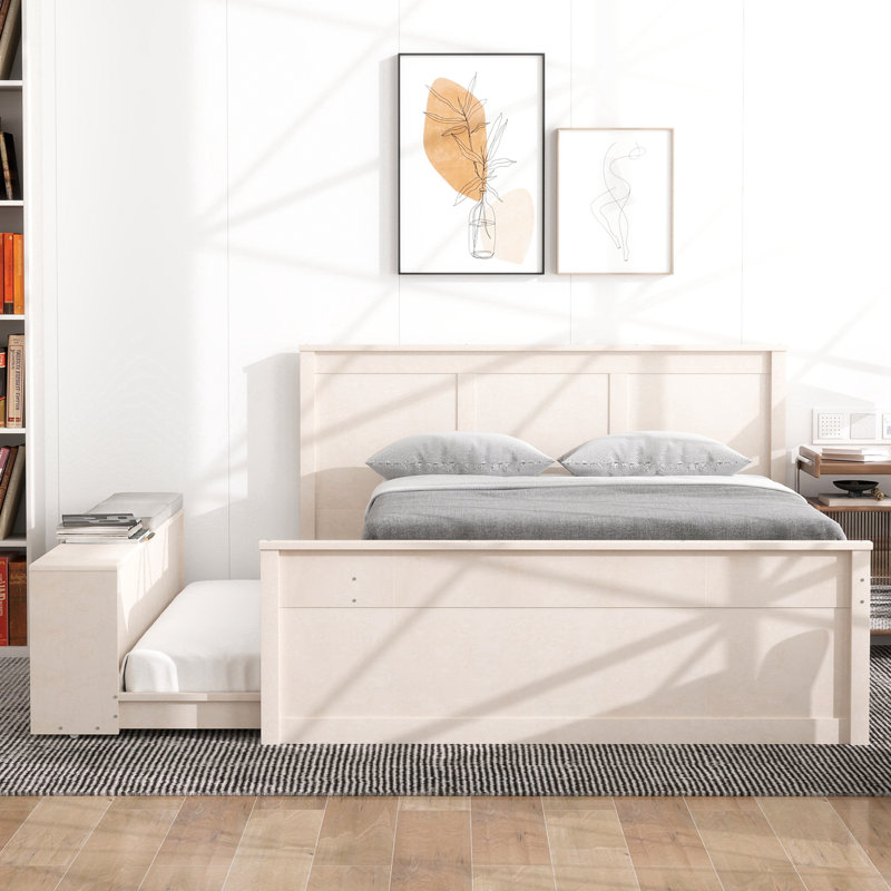 Lit plateforme simple en bois avec lit gigogne escamotable et armoire de rangement, Twin, Blanc, crème