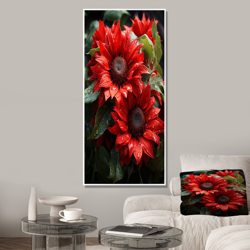 Fleurs de tournesol rouges - tournesols, art mural, Cadre flottant blanc, H 60 po x l 28 po