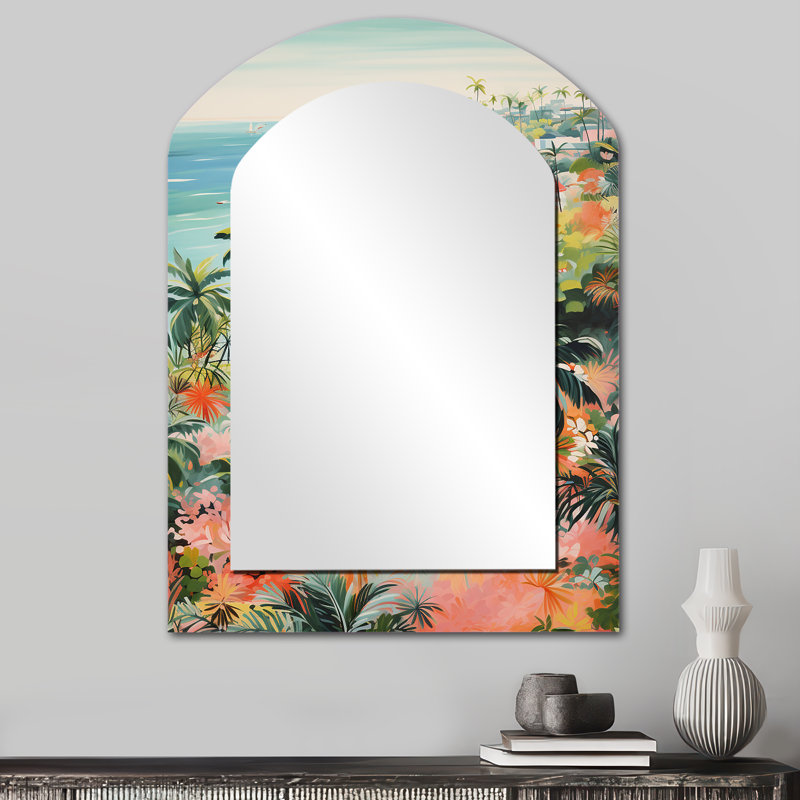 Pastel Colour Coastal Beach Scene Paradise III - Pink Coastal Arch Wall Mirror, 34" x 25"