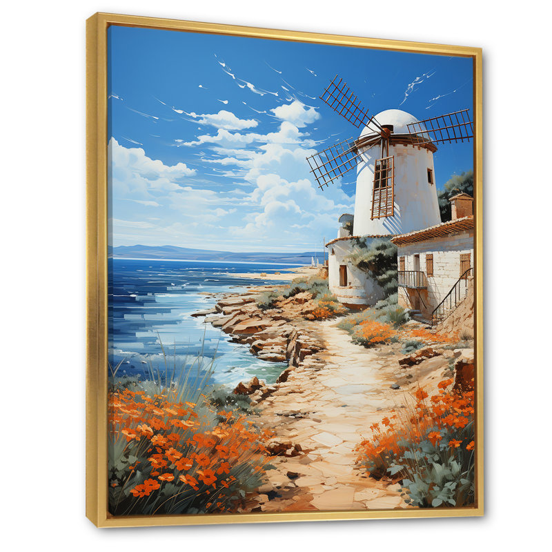 Reproduction sur toile espagnol, moulins à vent de côte II, H 32 po x l 16 po x P 1 po, Cadre flottant doré