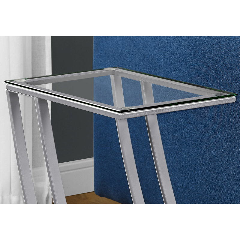 Table d'appoint de chambre à coucher avec verre trempé et métal, structure en métal de surface moderne, couleur grise