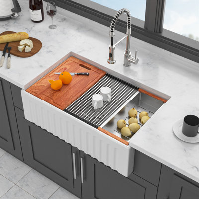 33" White Farmhouse Kitchen Sink Workstation - 33 X 20 X 10 Inch White Porcelain Ceramic Sngle Bowl Reversible Design Kitchen Sink
