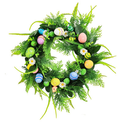 Couronne de Pâques de 45 cm (18 po) pour porte d'entrée, couronne d'œufs artificiels avec fleurs et feuilles vertes, couronne florale printanière pour décoration intérieure et extérieure, 45 cm