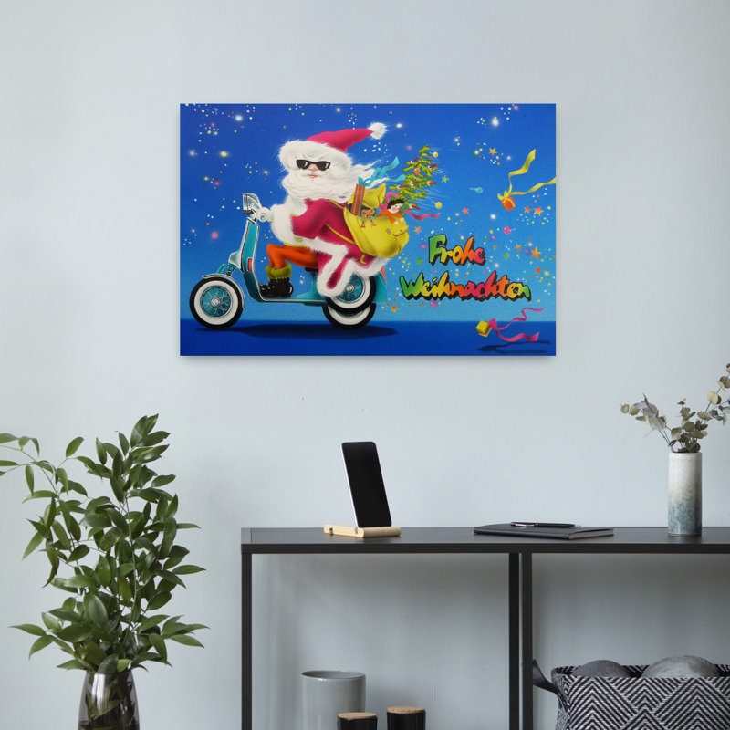 Cool Santa Scooter Colorful Whimsical Abstract Christmas Tree Landscape Nature Wall Art Print, 40.64cm H x 60.96cm W