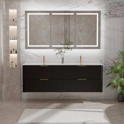 Meuble-lavabo double 60 po avec comptoir intégré en acrylique 60 po, armoire en chêne massif Reeded, tiroirs à fermeture en douceur, finition noire, chêne ou noyer