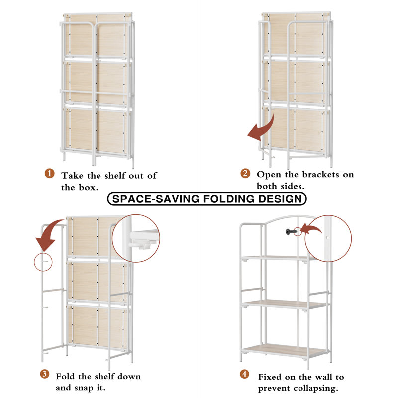 Lejon No Assembly Folding Etagere Bookcase, (3 Shelves) 39.8" H x 22.4" W x 12.6" D, White