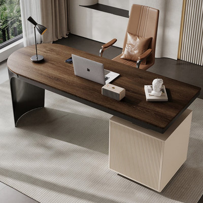 Curved-Edge Executive Desk with Drawer Cabinet & Brushed Titanium Legs