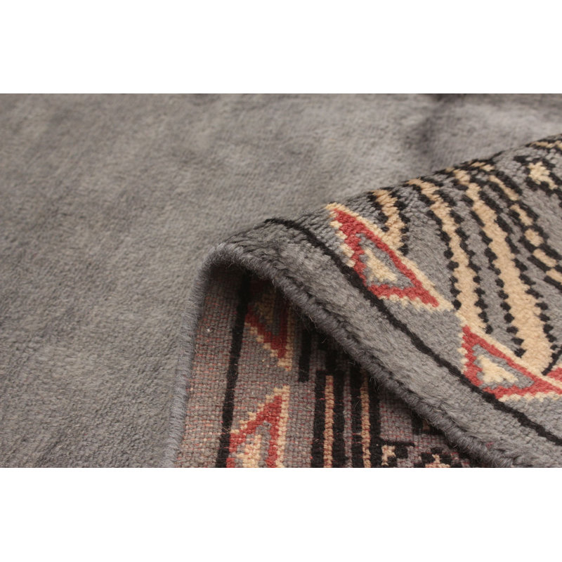 Tapis décoratif gris en laine de conception unique 4 pi 2 po x 6 pi 2 po noué à la main New Age