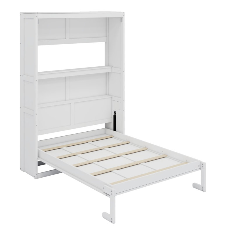 Armoire lit escamotable Murphy avec tablettes intégrées et relevage hydraulique, Lit double, Blanc