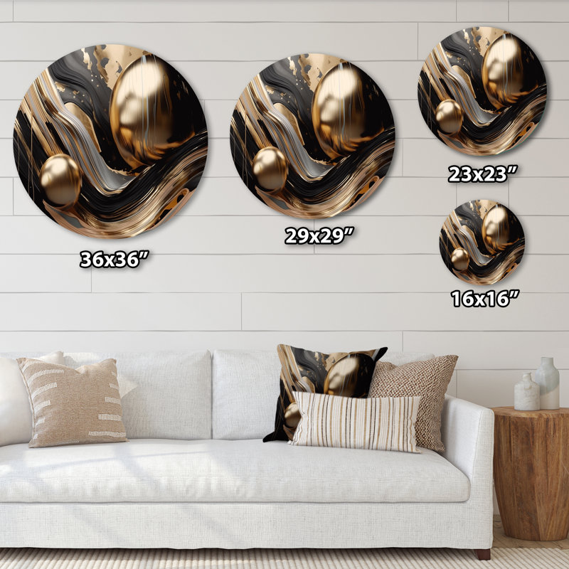 Marbre captivant doré et noir I - art abstrait rond en métal marbré, H 36 po x l 36 po x P 1 po