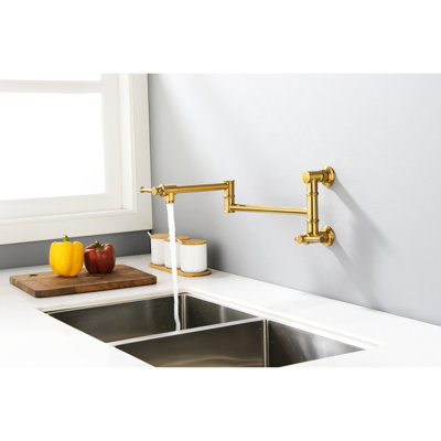 Wall Mount Pot Filler - Brass Gold, Double Handles, Corrosion Resistance Modern Faucet Mount, Gold Finish, Arm, Drip-