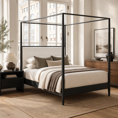 Solid Wood Modern 4-Poster Canopy Bed Frame with Boucle Upholstered Headboard