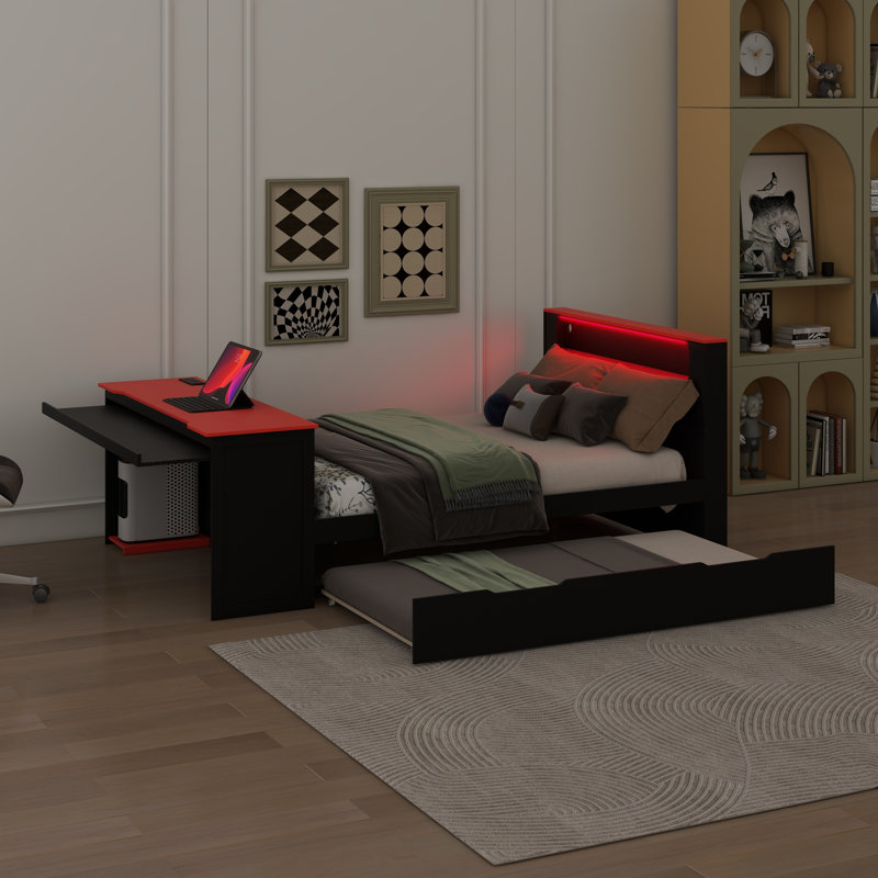 Lit de jour en bois avec lit gigogne, bureau, lumières DEL et port USB, Lit double, Noir / Rouge