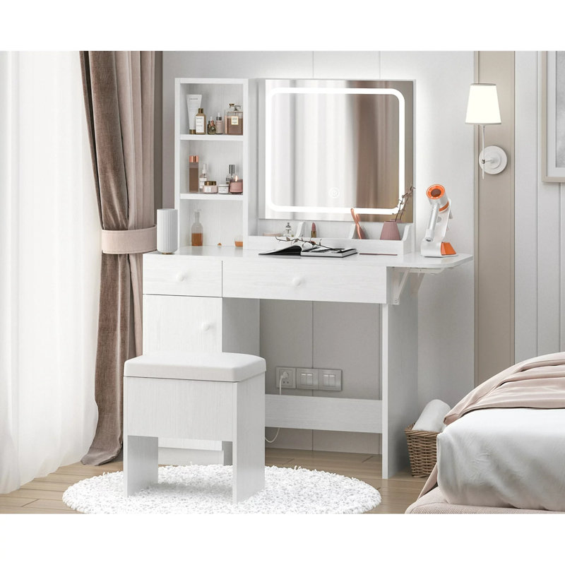 Vanity Desk Set With Led Lighted Mirror & Power Outlet, Makeup Table Top with 3 Open Bookcases, 3 Cubbies, 2 Drawers, Dresser Table for Bedroom, Checkroom