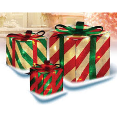 Set of 3 Red and Green Striped Gift Boxes Outdoor Christmas Decorations 8" g