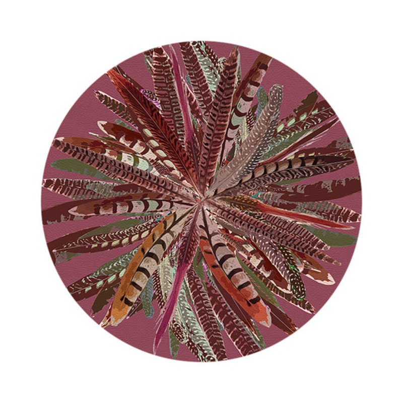 Pheasant Feathers Vegan Leather Round Pebble Placemat, Mauve
