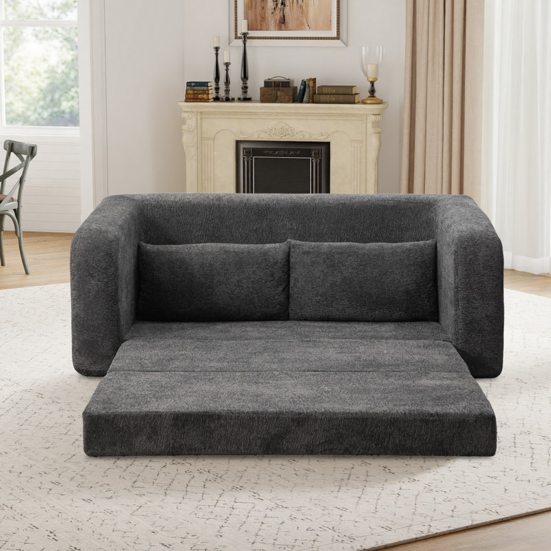 Boneless 71"W Chenille 2-In-1 Pull Out Sofa Bed,Convertible Loveseat With Pillow, Gray