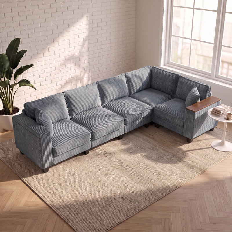Canapé modulaire en L Corduroy avec rangement pour accoudoirs et sièges profonds, Gray Corduroy