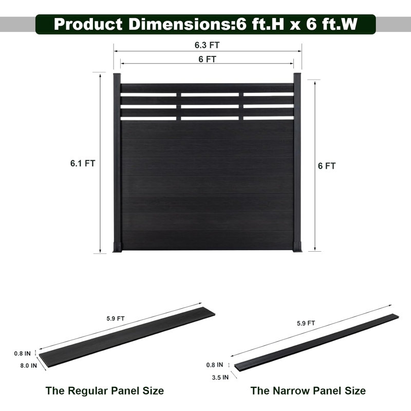 6Ft H Semi-Closed Composite Privacy Fence Panels With Post, 6 ft. H x 6.3 ft. W, Black