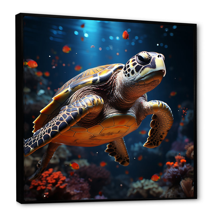 Cosmic Art Style Doting A Turtle - Tortue, décoration murale animal, Cadre flottant noir, H 24 po x l 24 po x P 1 po