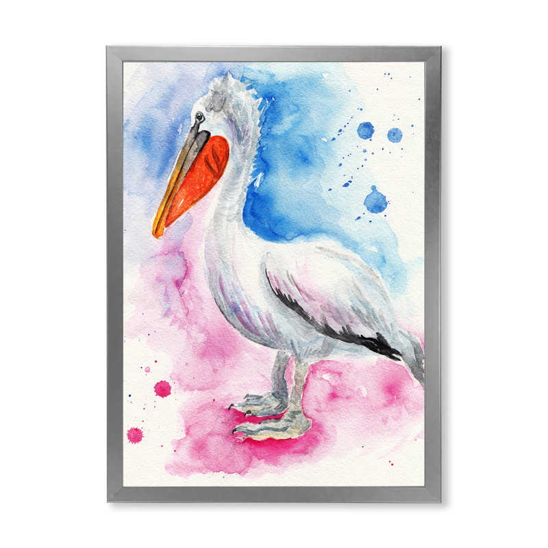 Pélican bleu et rose, H 40 po x l 30 po x P 1,5 po, Impression argent sur toile encadrée