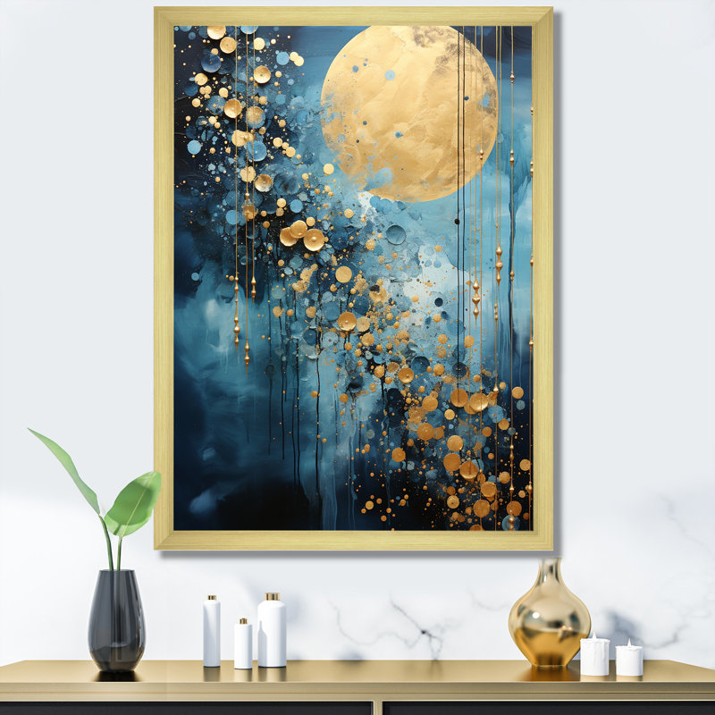 Lune bleu et or cycle céruléen Dreams III, H 32 po x l 16 po x P 1 po, Cadre doré simple