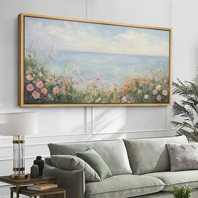«Coastal Wildflowers and Ocean View», grande impression sur toile encadrée pour décoration Cottagecore