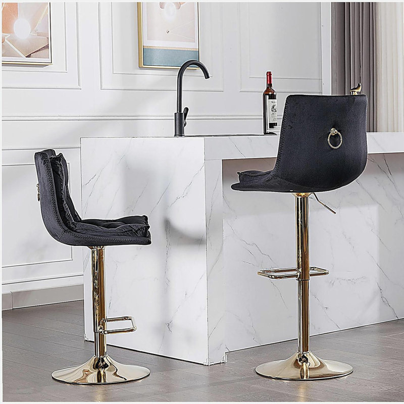 Ensemble de tabourets de bar, repose-pieds chromé et mécanisme de réglage de la hauteur pivotant avec velours, Noir