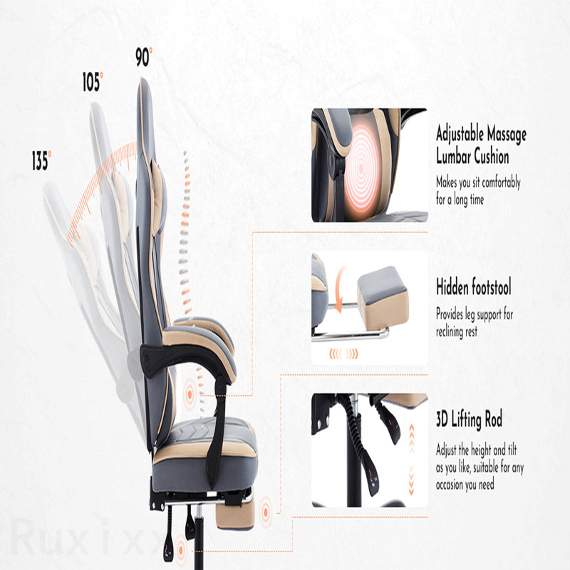 Blue Beige Gaming Chair, Ergonomic Computer Chair, With Footrest And Massage Lumbar Support, Height Adjustable Swivel Video Game Chair For Adults, 300lb Max