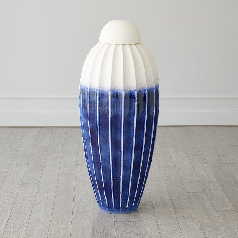 Fluted Handmade Ceramic Jar, Deep Blue, 46" H x 20" W x 20" D