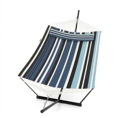 2 Person Hammock with Stand Included, Heavy Duty 450 Lbs Double Hammock with Pillow, Adjustable Steel Stand, Quick Assembly, Foldable for Patio Backyard Poolside