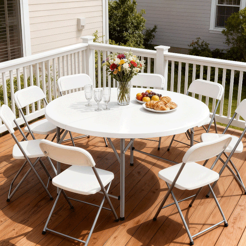 Table ronde en plastique pliable ronde avec cadre en acier pliable et poignée de transport, H 29,5 po x L 54 po x P 54 po