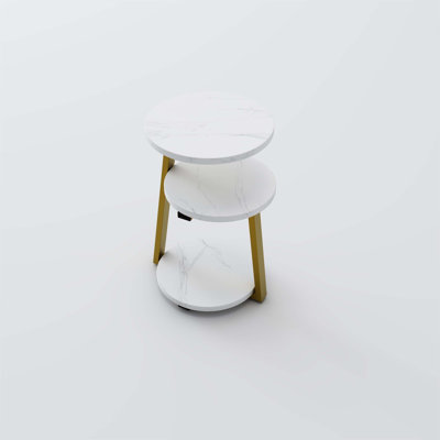 Small Round Side Table with 3-Tier Storage, Sturdy Metal Frame, and Modern Gold and White Design for Compact Spaces