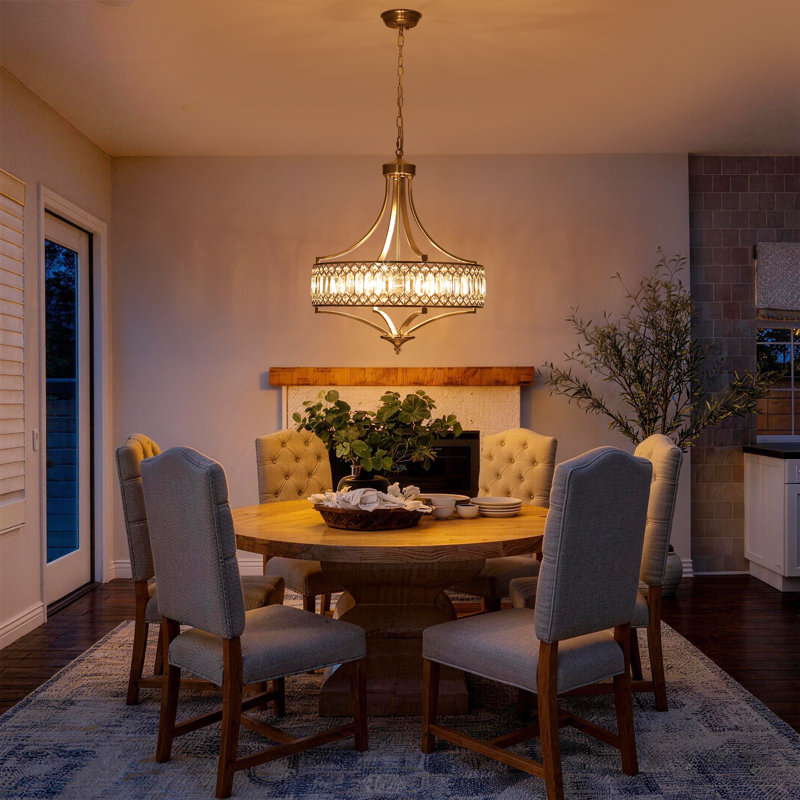 5-Light 20-Inch Nickel Modern Farmhouse Crystal Chandelier With Crystal Drum Shade For Kitchen Island Dining Room Entryway