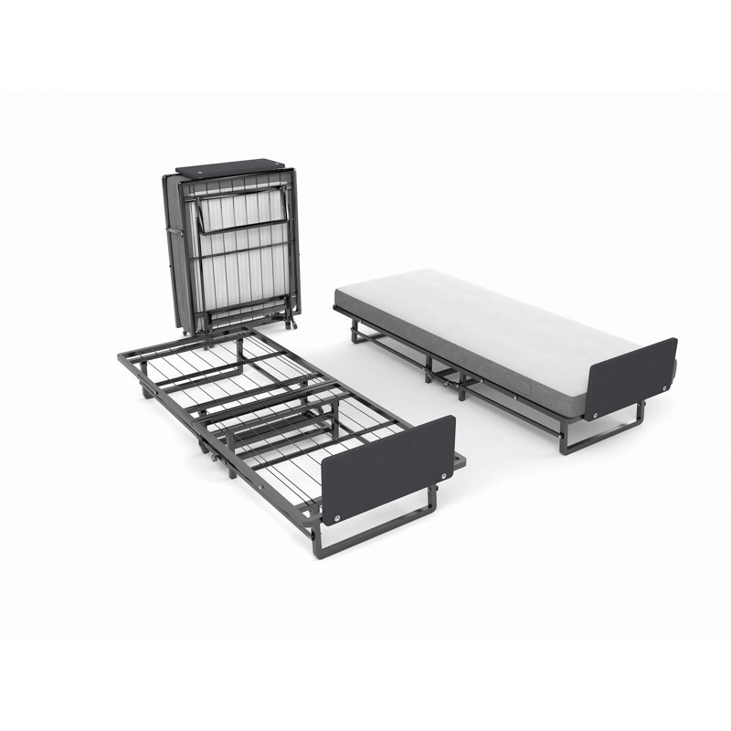 Structure de lit pliante en métal avec matelas en mousse avec poches, rangement facile et mobile avec 4 roulettes