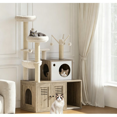 Arbre à chat moderne avec bac à litière caché - Tour pour chat de 55 pouces avec hamac, poteaux à griffer en sisal, perchoirs et jouets, meubles pour chat tout-en-un en bois