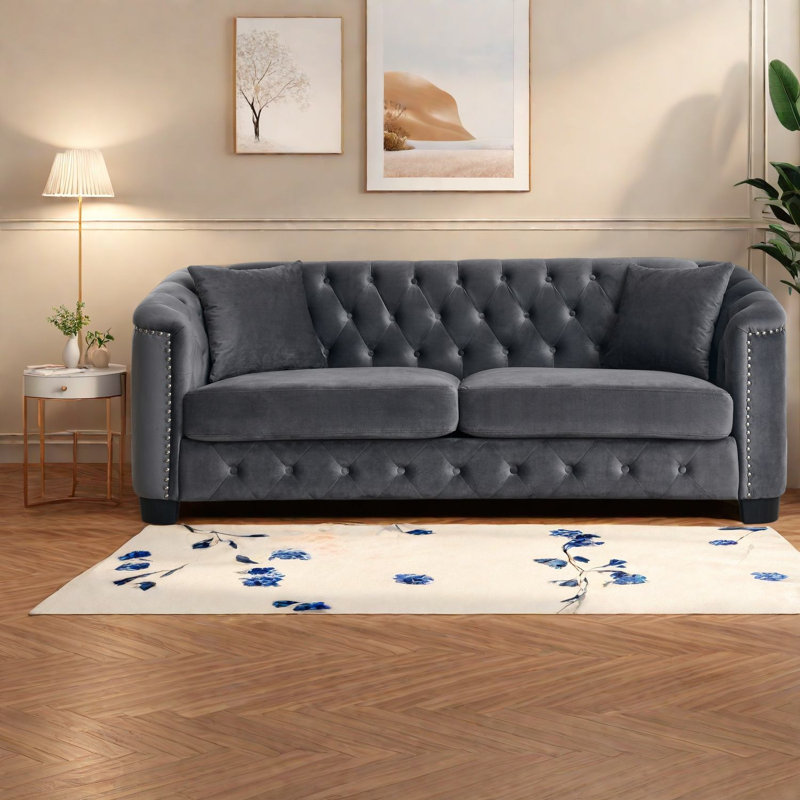 Canapés en velours à assise profonde de style chesterfield gris à 5 places pour le salon
