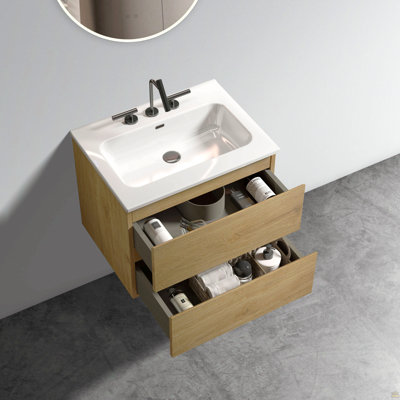 Wall Mount 24" Natural Oak Bathroom Vanity with Ceramic Sink with three faucet holes, Large Storage Floating Bathroom Vanity for Modern Bathroom, One-Piece Sink Basin without Drain, Pre-assembled