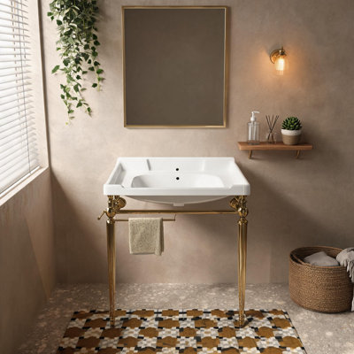 Console de lavabo murale en céramique dorée et blanche de 71 cm (28 po) avec pattes de support en acier inoxydable et porte-serviettes