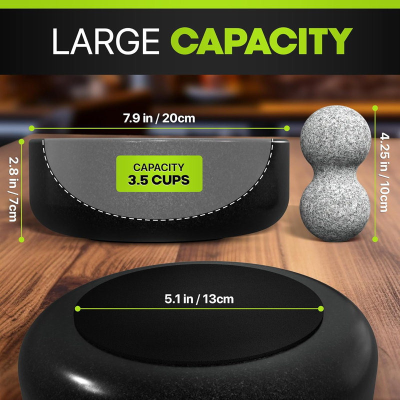 UMIEN 8" Granite Molcajete Pastel and Mortar Set–Guacamole Bowl with Avocado Tool – 3.5-Cup Capacity, Black