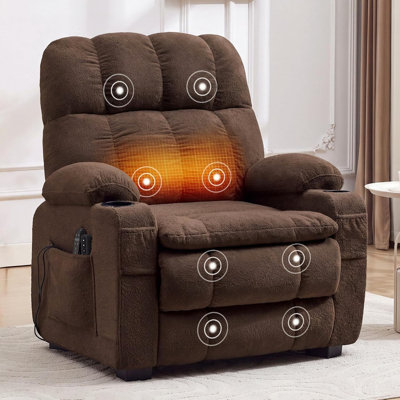 Fauteuil inclinable électrique surdimensionné avec siège large de 26 po, massage et chaleur lombaire, porte-gobelets, recharge USB et poches de rangement latérales pour le salon et la chambre à coucher