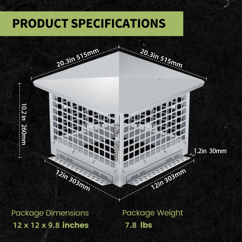 304 Stainless Steel Chimney Cap – Heavy-Duty Spark Arrestor with Animal Guard, Weatherproof & Adjustable, Easy-Fit for 6"–20" Flues, Fireplace & Stove