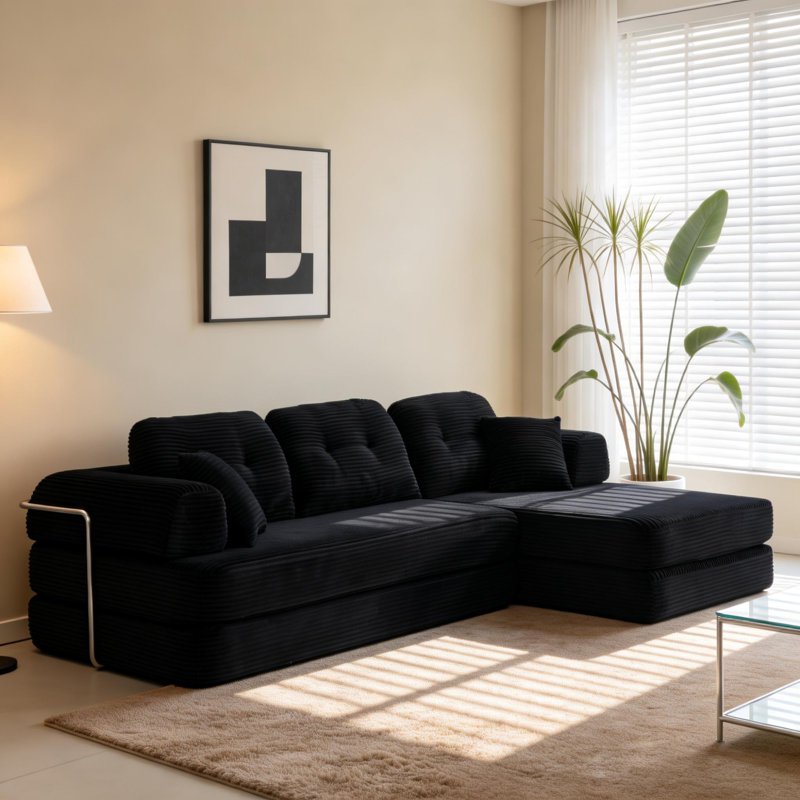 Canapé d'angle à compression, canapé méridienne moderne en velours côtelé de 264 cm pour la maison, Black