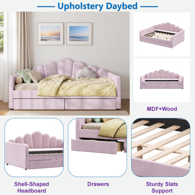 Upholstery Daybed with Shell-Shaped Headboard and Drawers