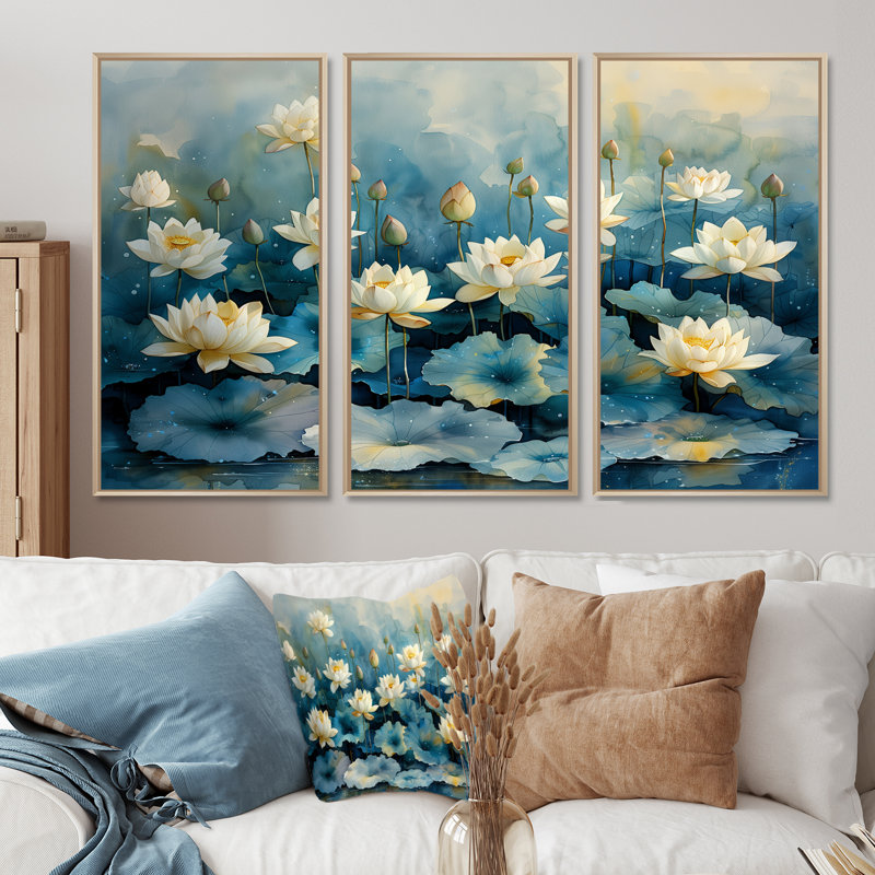 «White Blue Lotus Pond Reflections», ensemble d'art mural lotus, H 40 po x l 60 po x P 1 po