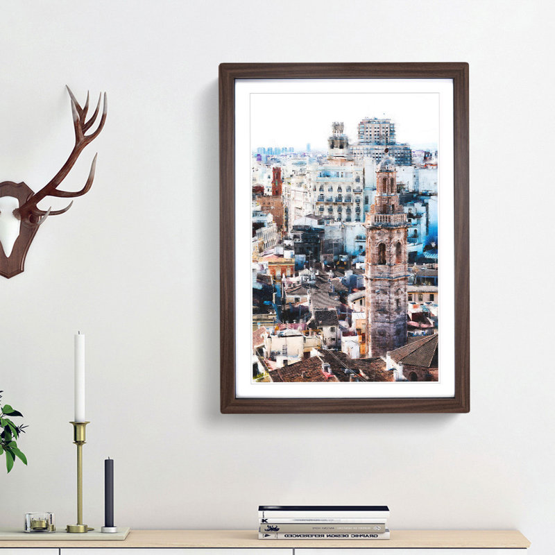 Valencia Skyline in Spain - Framed Print, 63cm H x 45cm W x 2cm D, Walnut Framed