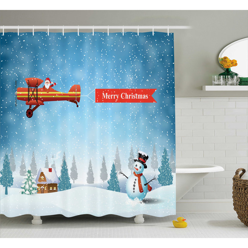 Christmas Santa Plane Snowman Single Shower Curtain, 70" H x 69" W