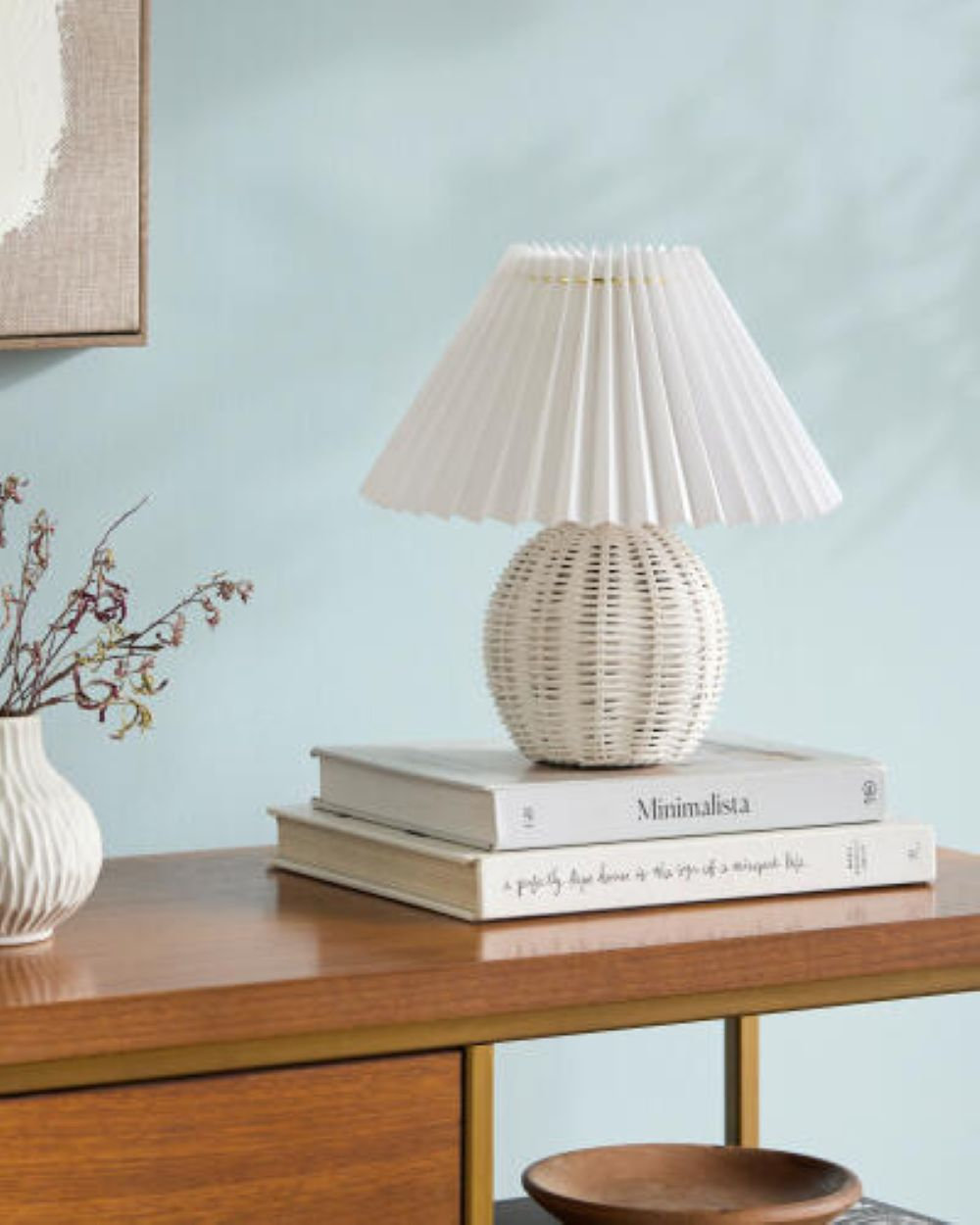 Chemise Rattan Table Lamp, White, Traditional