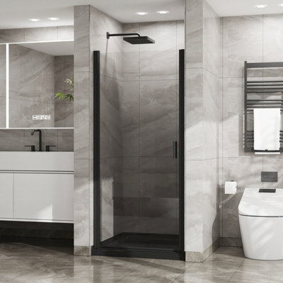 34"x72" Pivot Shower Door In Black, 1/4" Tempered Glass, Semi-, Waterproof Seals, Handle, 180° Rotating Pivot, 90° Water Protection Black Door, Thick Heavy-duty Zinc Smoothly , Splash Stopper