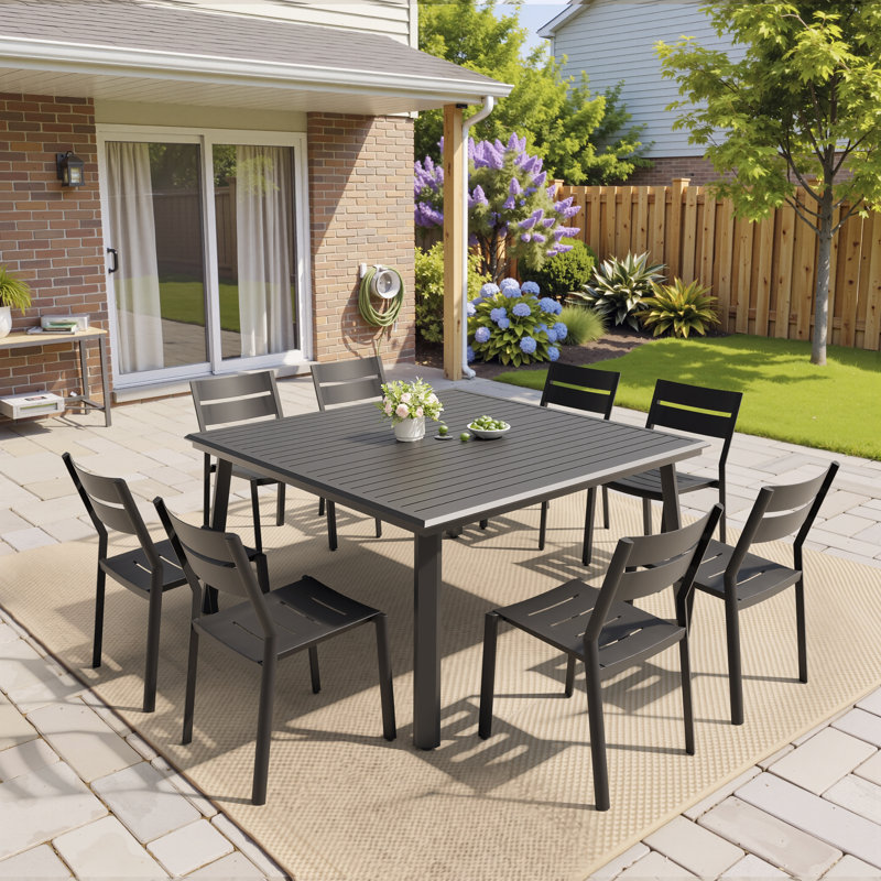 8 - Person Square Aluminum Outdoor Dining Set With Stackable Armless Chairs